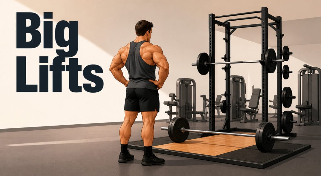 Bodybuilder-facing-squat-rack-and-deadlift-platform