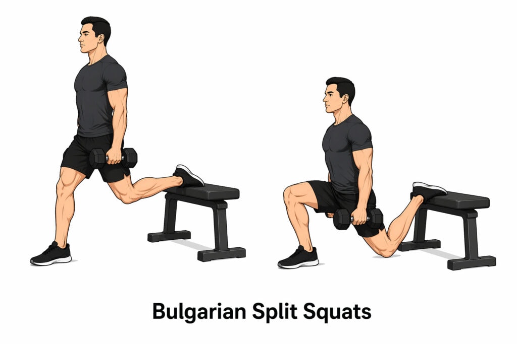 Bulgarian-Split-Squats-rear-foot-elevated-lunge-with-dumbbells-start-and-bottom-position-form
