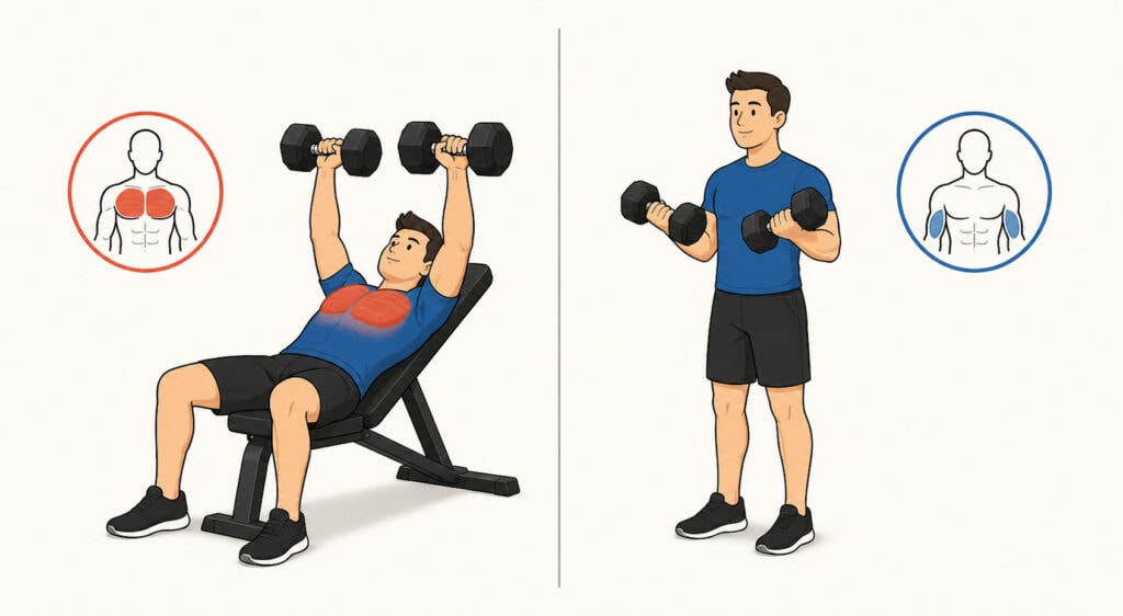 Chest-Press-And-Biceps-Curl-Shown-As-Separate-Training-Actions