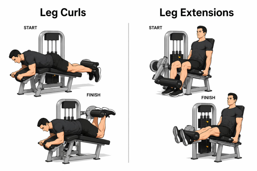 Leg-Curls-and-Leg-Extensions-machine-hamstring-curl-and-quadriceps-extension-start-and-finish-position-form