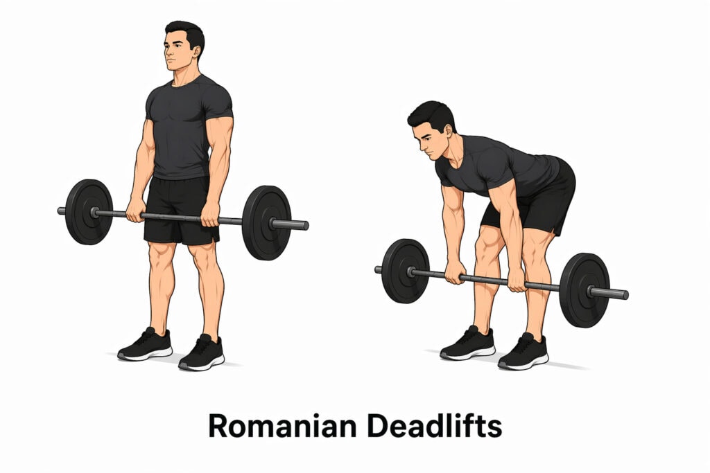 Romanian-Deadlifts-barbell-hip-hinge-lowered-to-shin-level-start-and-finish-position-form