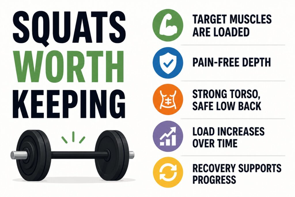 Squats-worth-keeping-leg-training-checklist-with-pain-free-depth-muscle-loading-safe-low-back-and-recovery