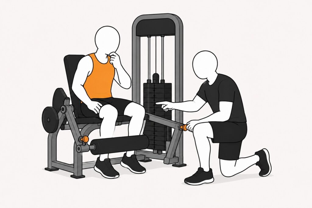 Beginner-asking-personal-trainer-about-leg-machine-adjustment