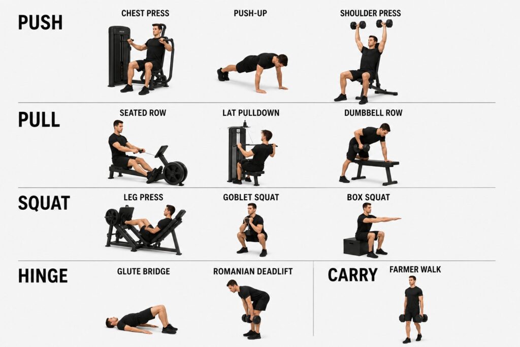 Beginner-workout-movement-patterns-with-push-pull-squat-hinge-carry-exercises