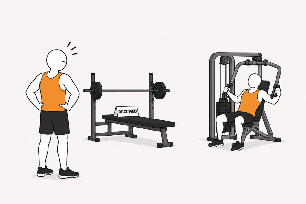 Beginner-using-chest-press-as-backup-when-bench-press-is-busy