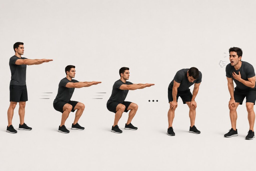 Fast-bodyweight-squats-leading-to-breathless-workout-fatigue