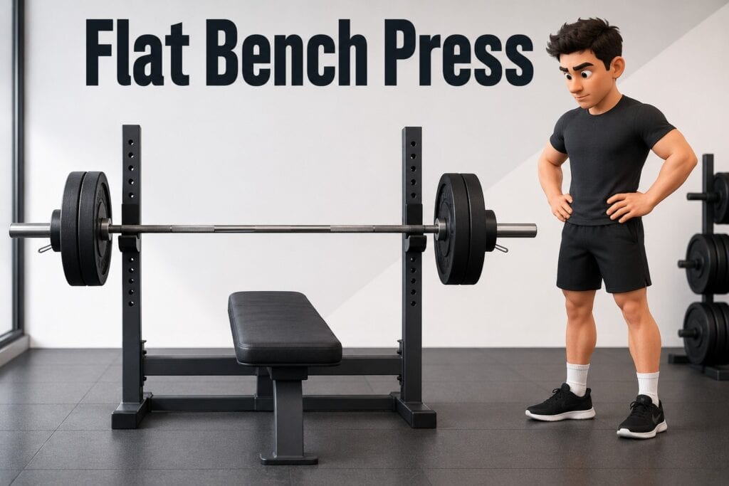Flat-bench-press-chest-strength-setup-with-barbell-and-bench-in-clean-gym