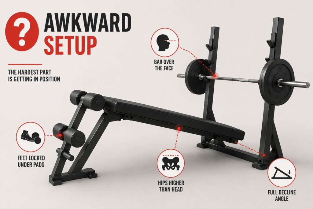 Full-decline-bench-angle-with-foot-pads-bar-over-face-and-setup-position-shown-clearly