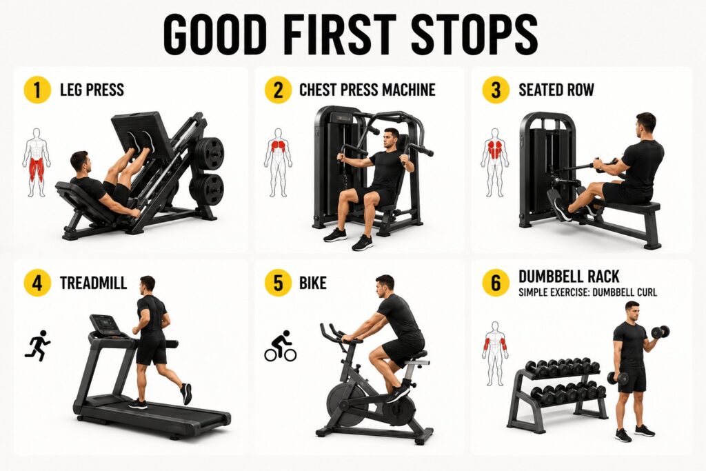 Good-first-stops-gym-guide-leg-press-chest-press-seated-row-treadmill-bike-dumbbell-rack