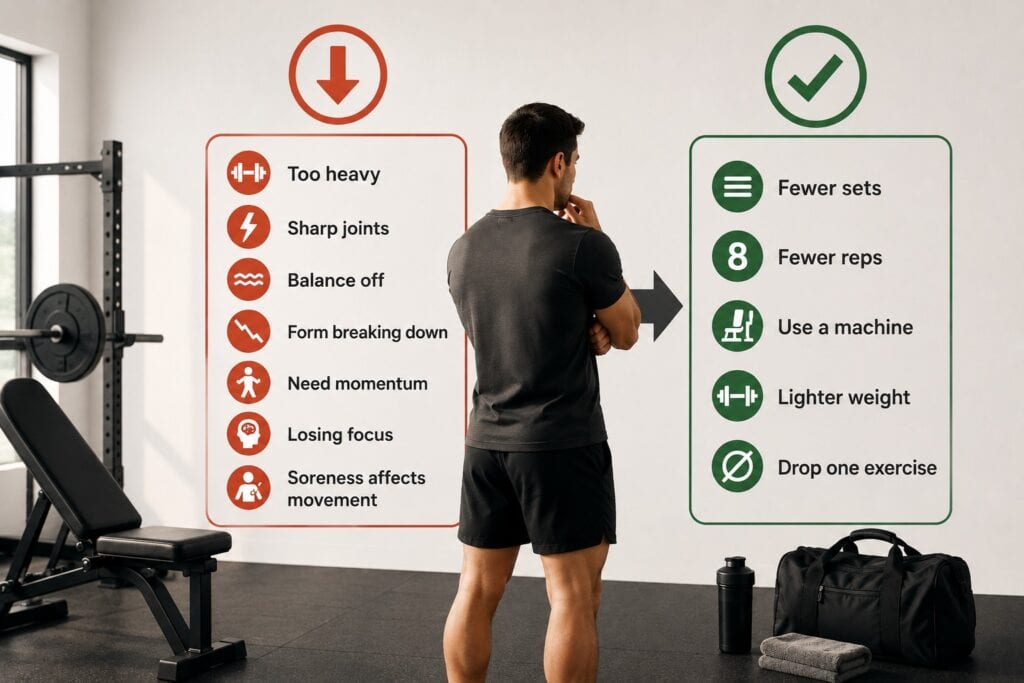 Gym-day-workout-adjustments-with-fewer-sets-fewer-reps-lighter-weight-and-machine-option