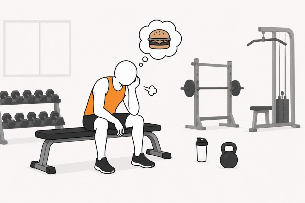 Hungry-beginner-sitting-in-gym-before-workout