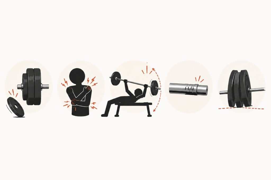 Gym-risks-without-barbell-collars-falling-plates-and-uneven-bar-balance-scene