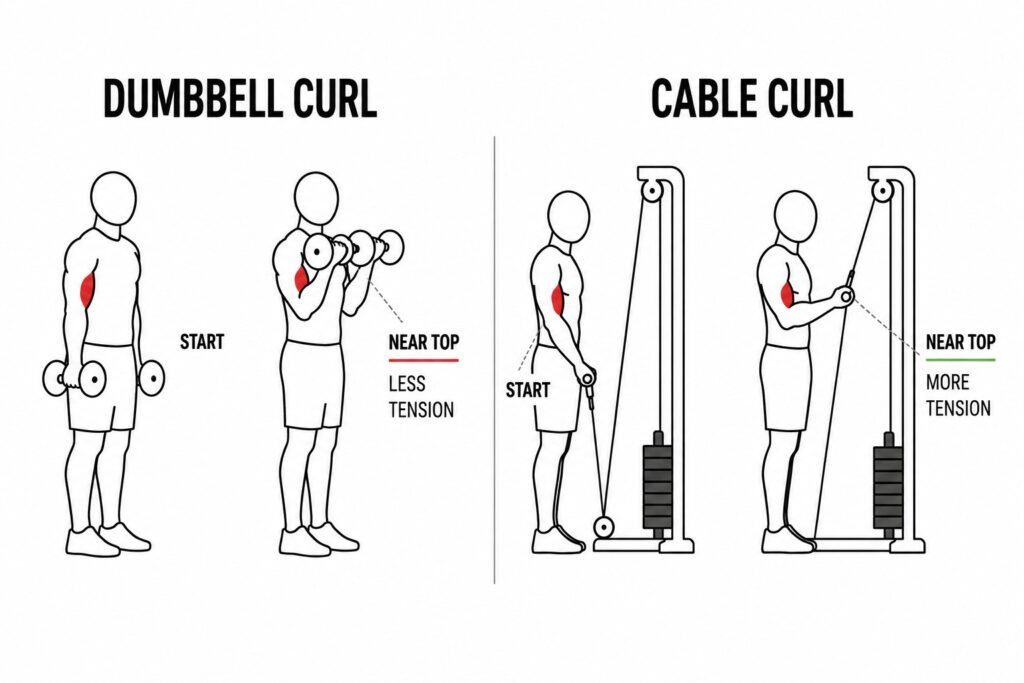 Cable-curl-and-dumbbell-curl-comparison-showing-different-biceps-tension-patterns