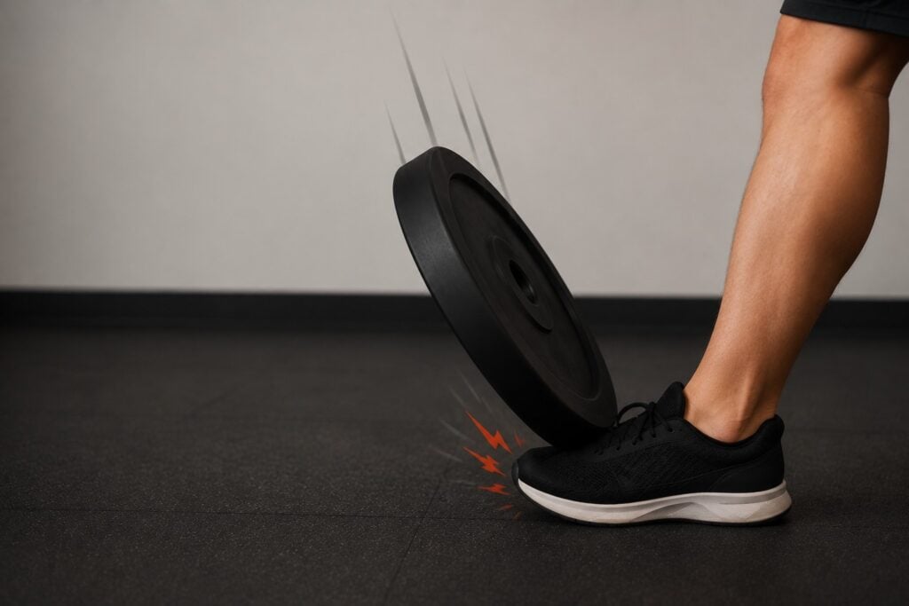 Weight-plate-falling-on-athletic-shoe