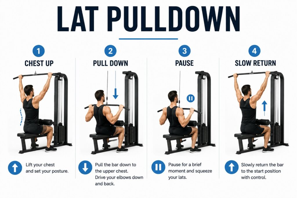 Lat-pulldown-proper-form-showing-chest-up-pull-down-pause-and-slow-return