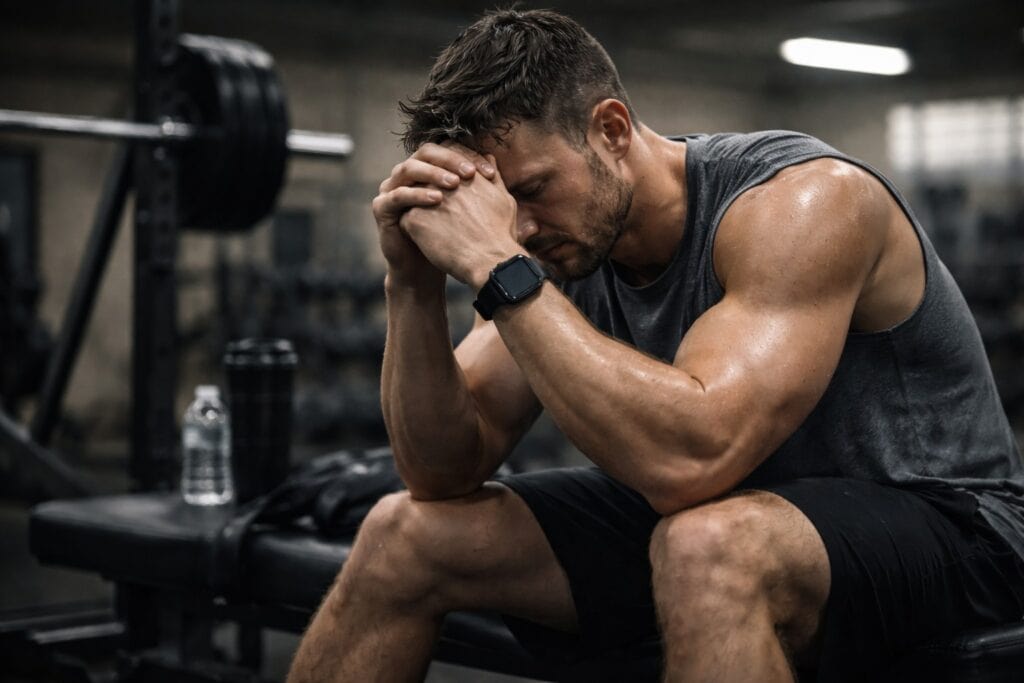 Gym-bench-rest-moment-during-mental-fatigue-and-training-overload