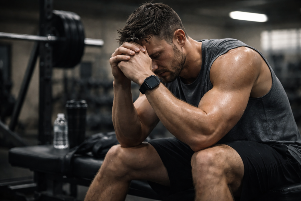 Gym-bench-rest-moment-during-mental-fatigue-and-training-overload