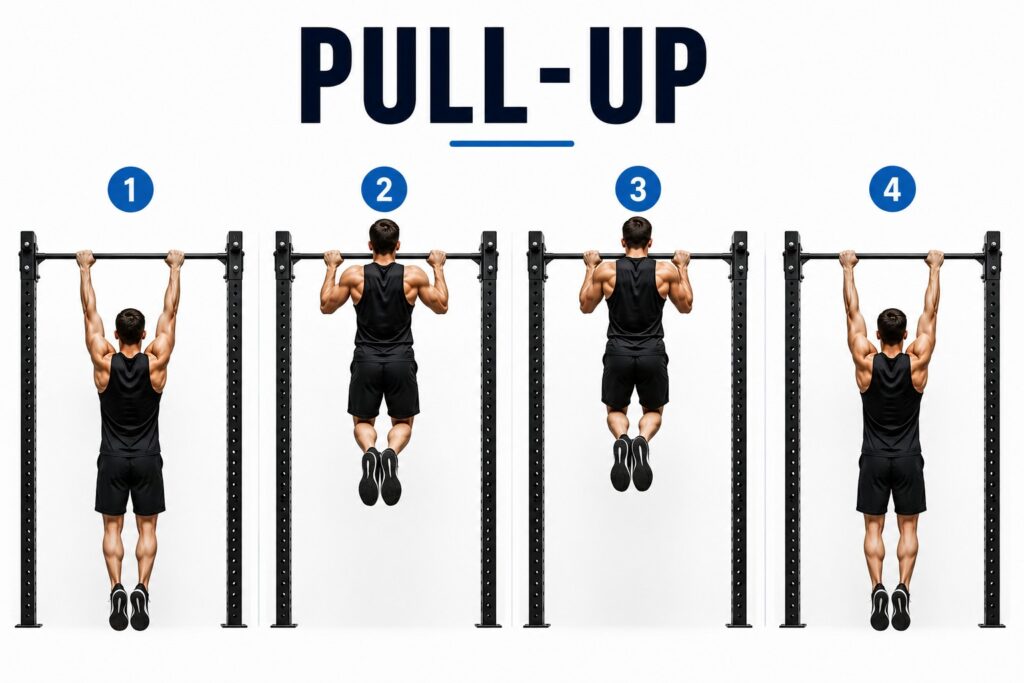 Pull-up-proper-form-showing-hang-pull-chin-over-bar-and-controlled-lowering