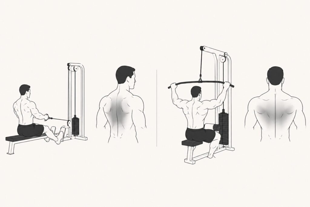 Seated-cable-row-and-lat-pulldown-showing-back-thickness-and-width