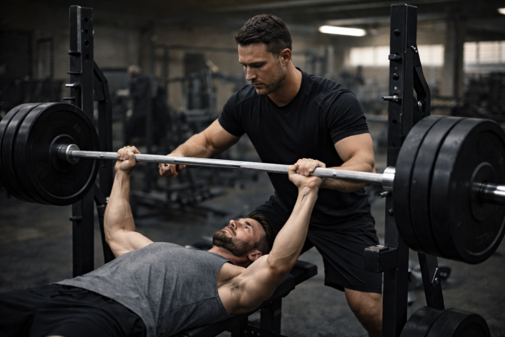 Barbell-bench-press-with-spotter-positioned-behind-for-safety