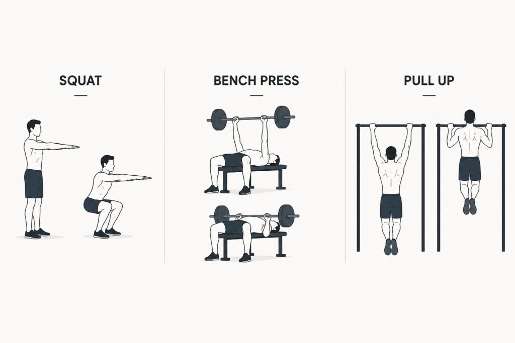Squat-bench-press-and-pull-up-exercise-positions-shown-in-a-clean-gym-training-guide