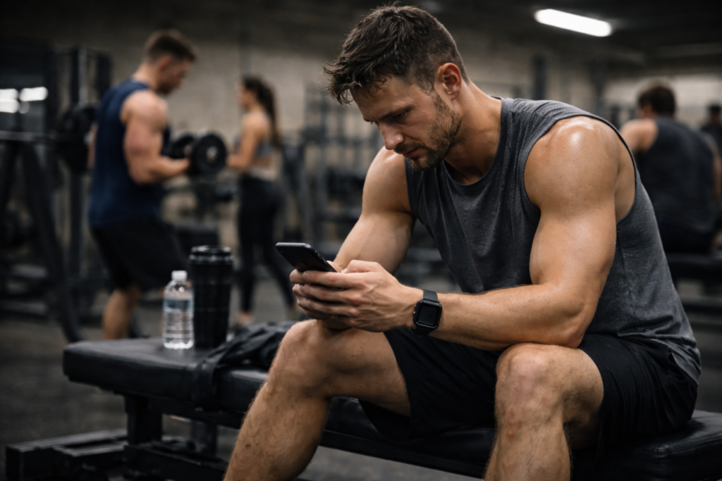 Gym-rest-period-interrupted-by-smartphone-distraction-between-sets
