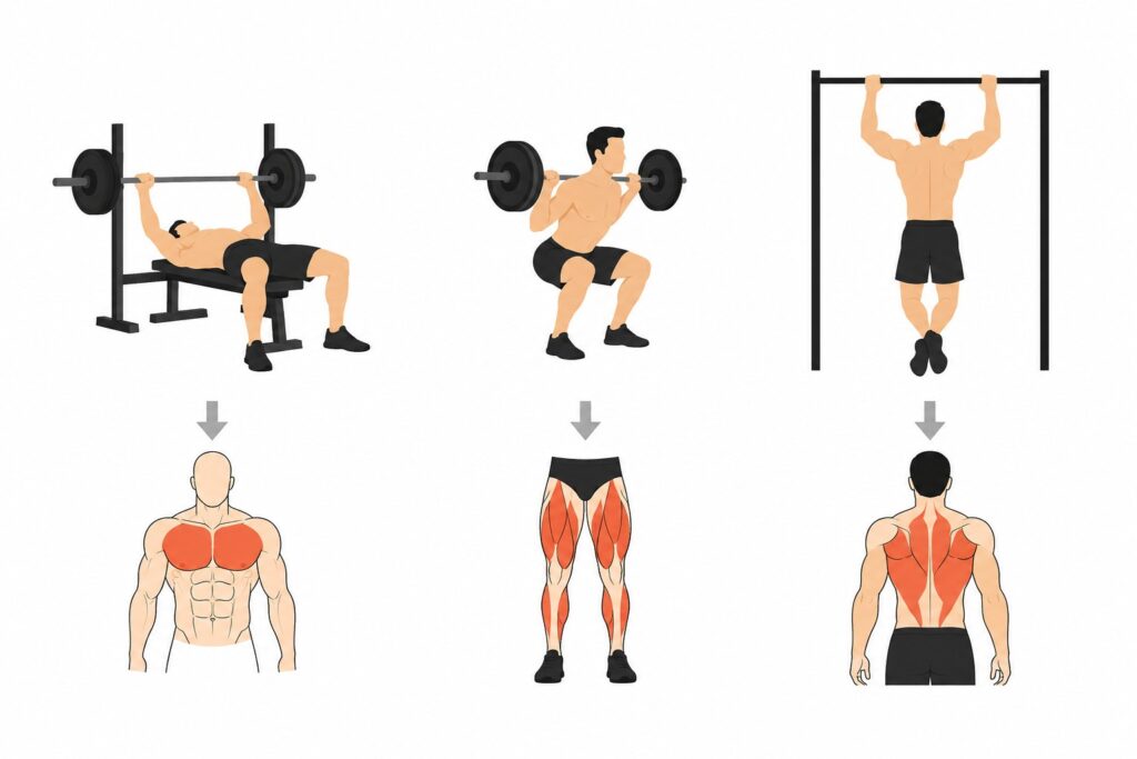 Squat-bench-press-pull-up-and-row-for-visible-muscle-progress