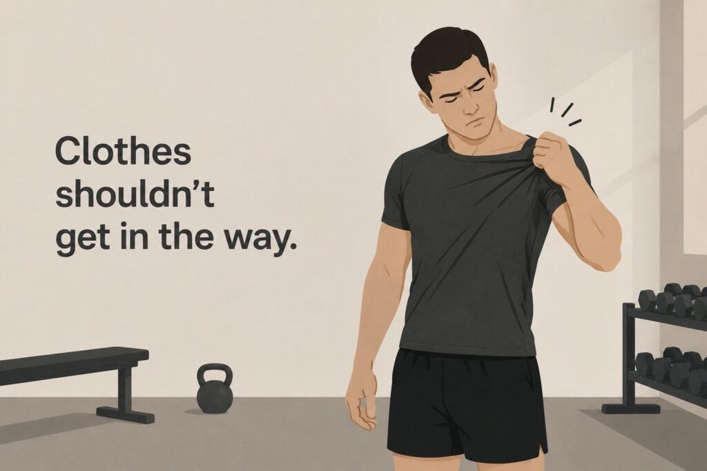 Man-adjusting-gym-shirt-during-workout-comfort-issue