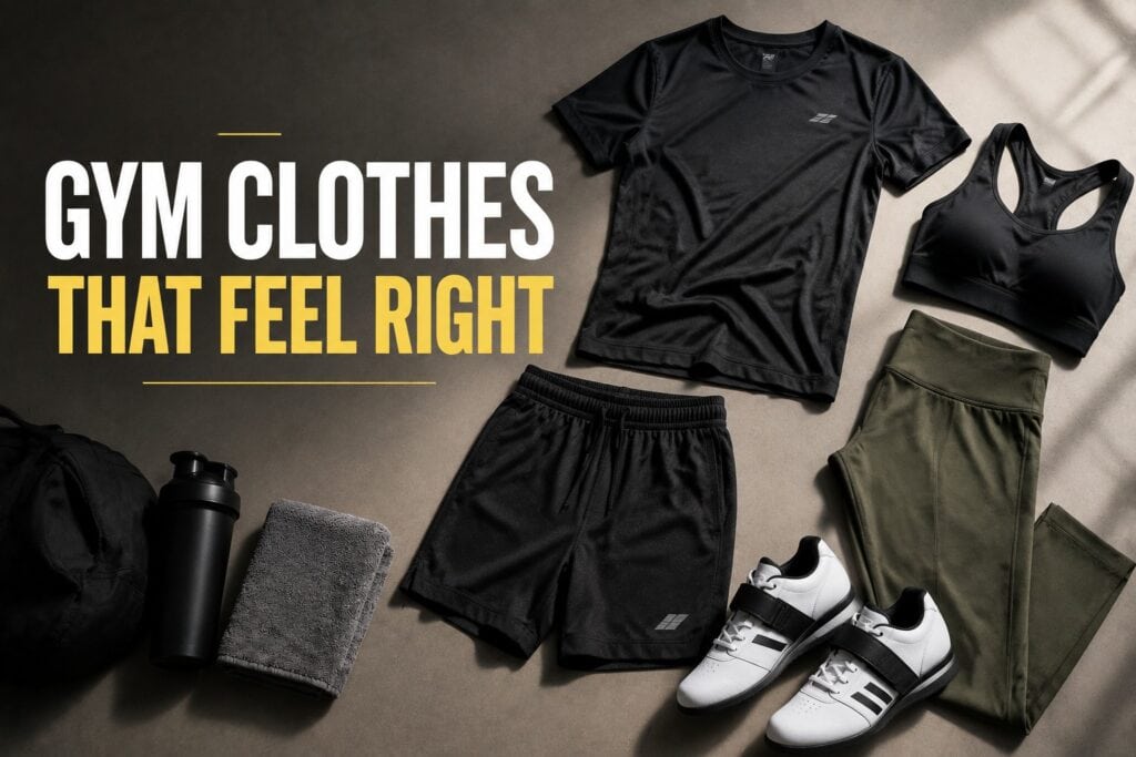 Gym-clothes-flatlay-with-shirt-sports-bra-shorts-leggings-and-weightlifting-shoes