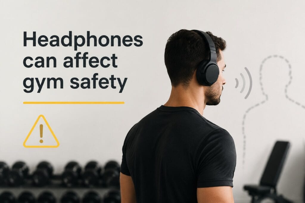 Person-wearing-headphones-in-crowded-gym-and-losing-awareness-of-surroundings