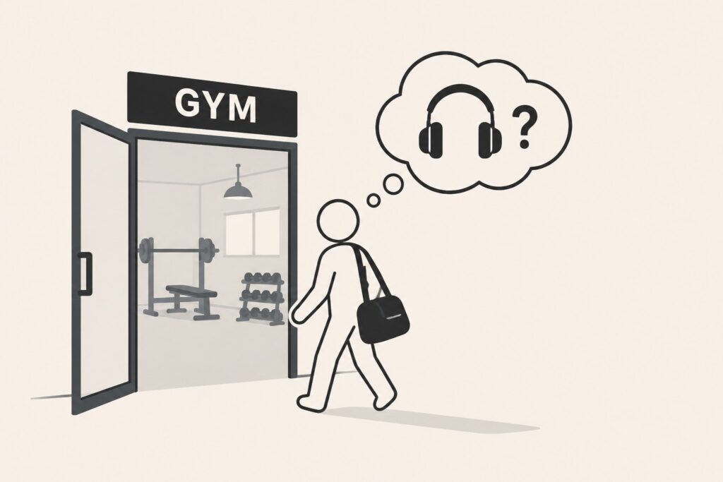 Gym-entry-with-headphones-choice-and-workout-focus