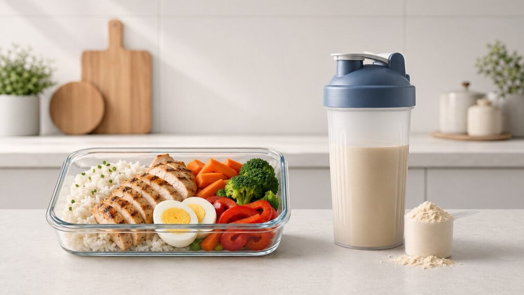 Protein-meal-next-to-protein-shaker
