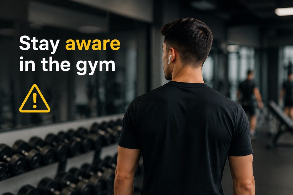 Gym-surroundings-awareness-with-headphones-and-dumbbell-rack