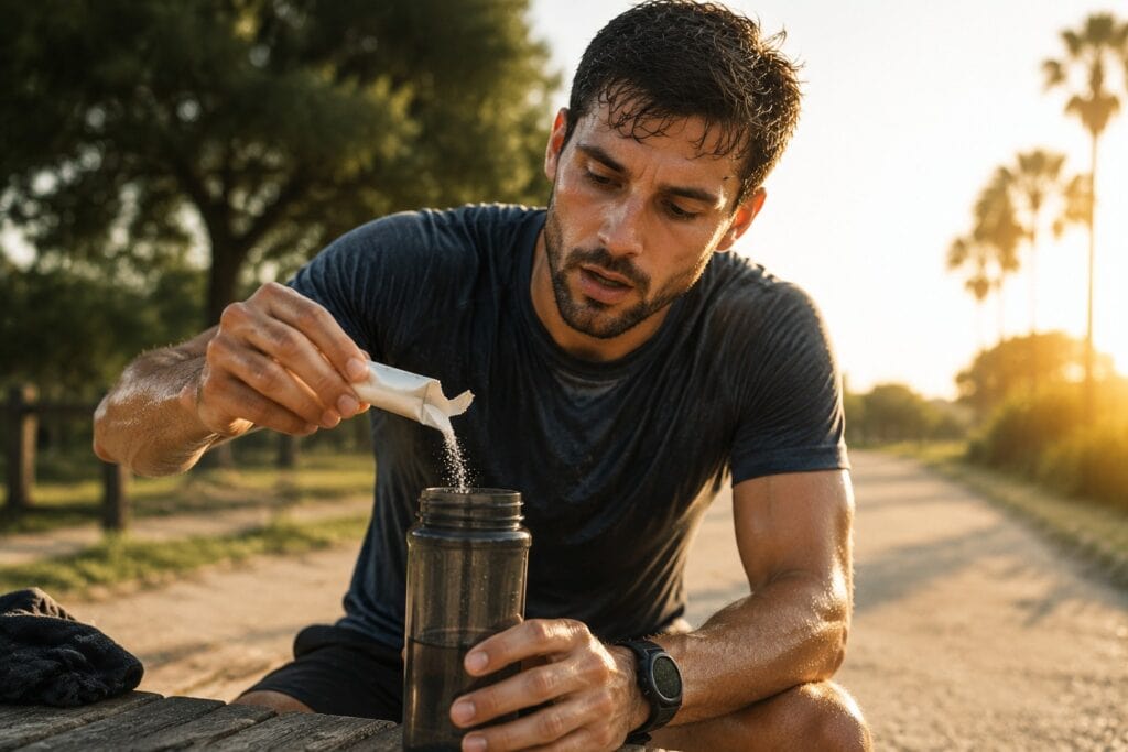 Sweaty-runner-using-open-electrolyte-packet-after-a-long-outdoor-workout