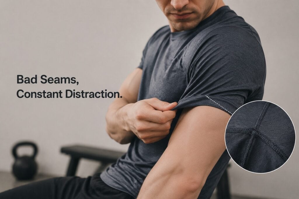 Athlete-checking-uncomfortable-shirt-seam-during-gym-workout
