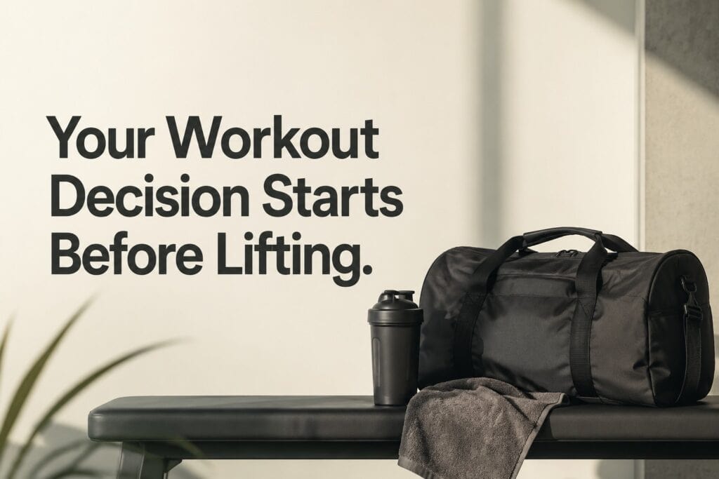 Gym-scene-with-workout-bag-and-equipment-showing-your-workout-decision-starts-before-lifting