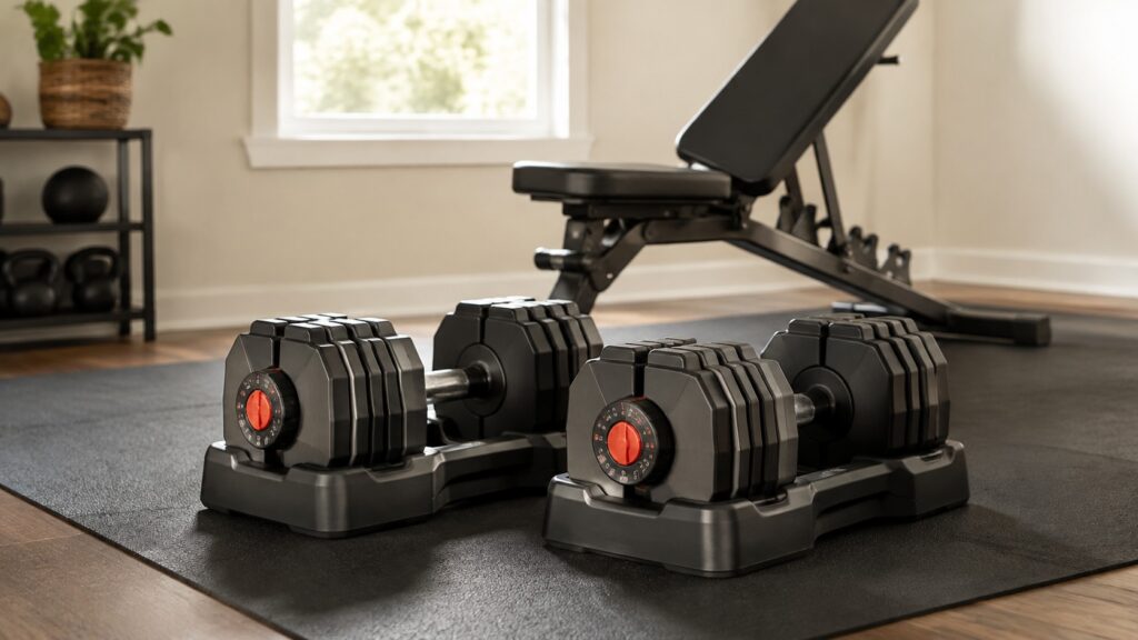 Adjustable-Dumbbells-On-Home-Gym-Mat