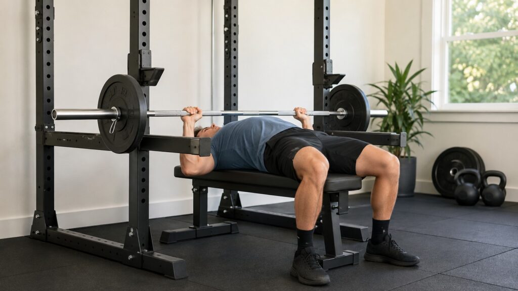 Barbell-Bench-Press-In-Power-Rack-With-Safety-Arms