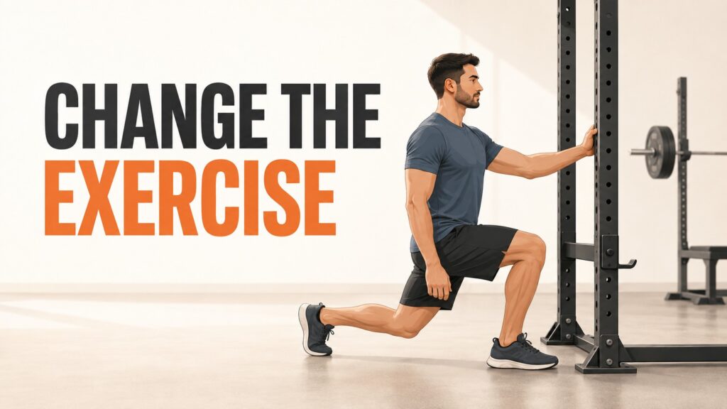 Supported-reverse-lunge-holding-a-rack-with-a-racked-barbell-in-the-background