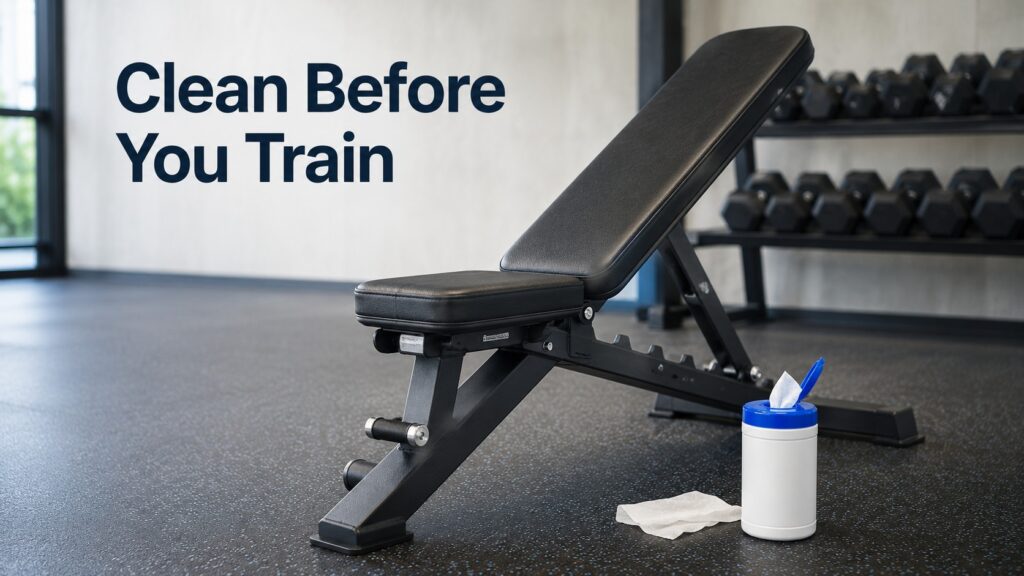 Gym-Bench-With-Disinfectant-Wipes-Before-Training