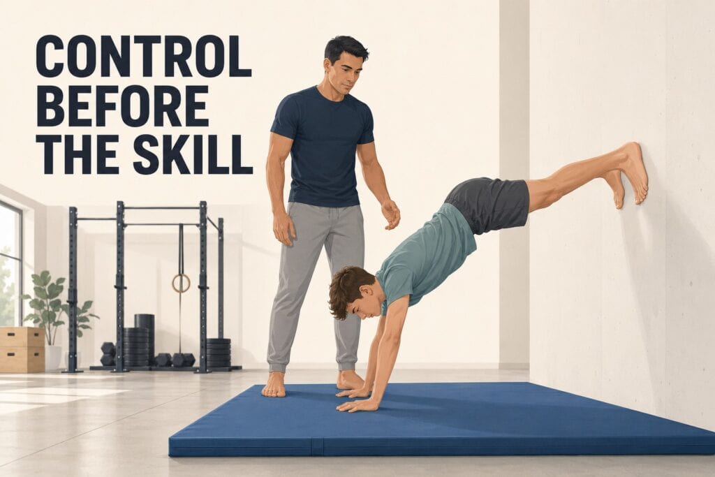 Supervised-wall-walk-with-toes-pointing-down-and-a-padded-landing-area