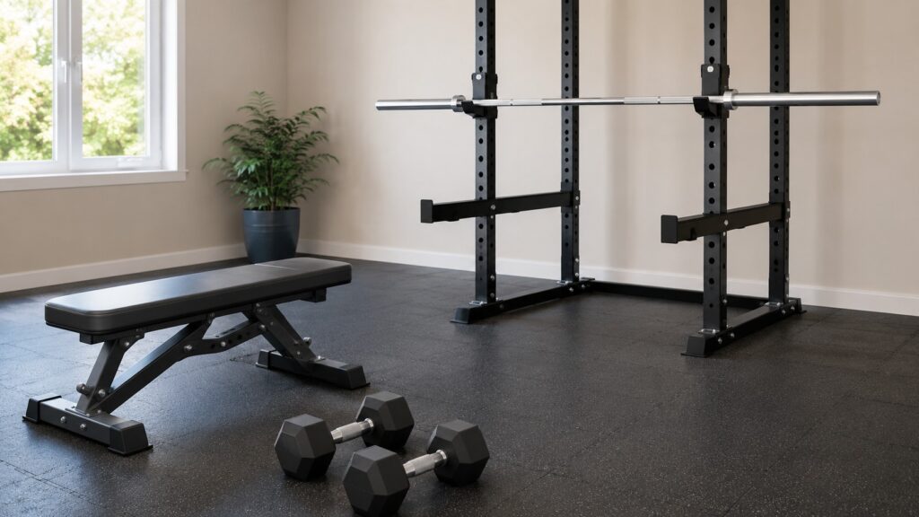 Dumbbells-And-Safely-Racked-Barbell-In-Home-Gym