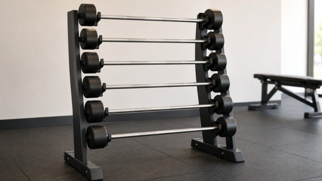 Fixed-Barbells-Stored-On-Horizontal-Gym-Rack