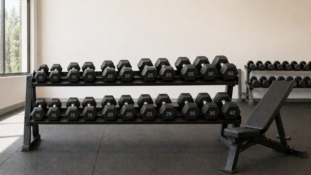 Fixed-Hex-Dumbbells-On-Gym-Rack