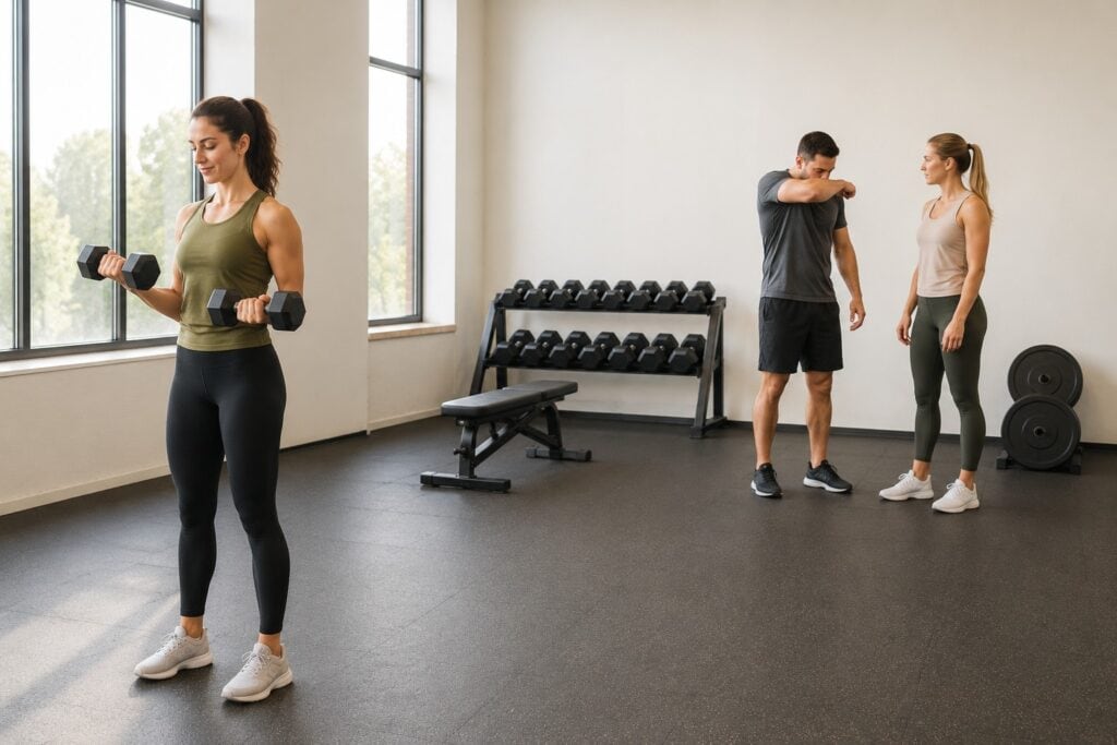 Person-training-away-from-gymgoer-coughing-into-elbow