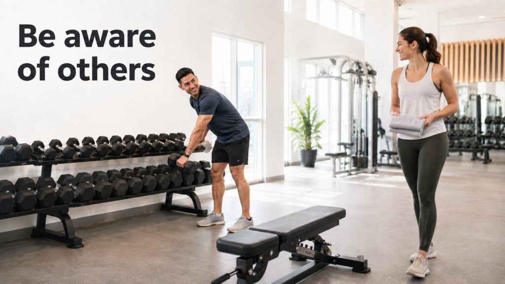Gym-etiquette-with-reracked-dumbbells-and-clean-bench