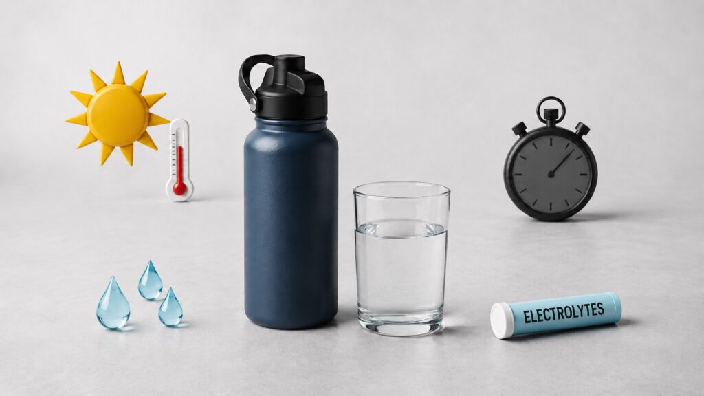 Water-bottle-glass-heat-duration-sweat-and-electrolytes
