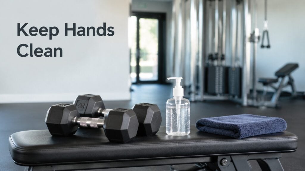 Hand-Sanitizer-And-Dumbbells-On-Gym-Bench