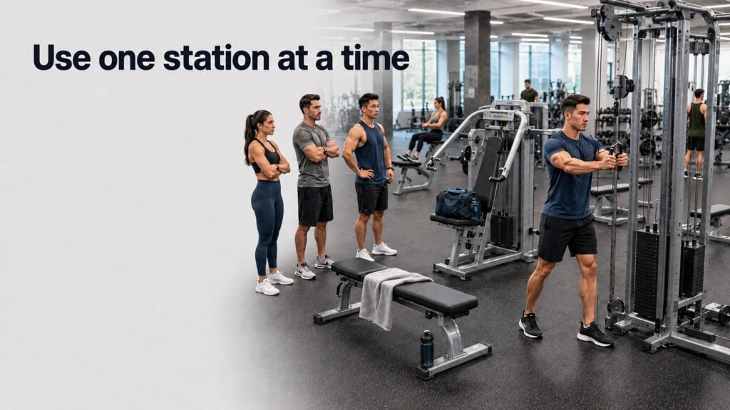 Gym-members-waiting-while-one-person-reserves-multiple-stations