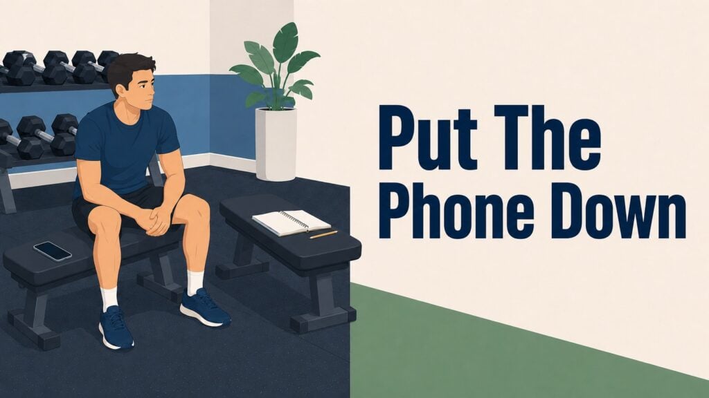 Phone-And-Workout-Notebook-On-Benches-During-Gym-Rest